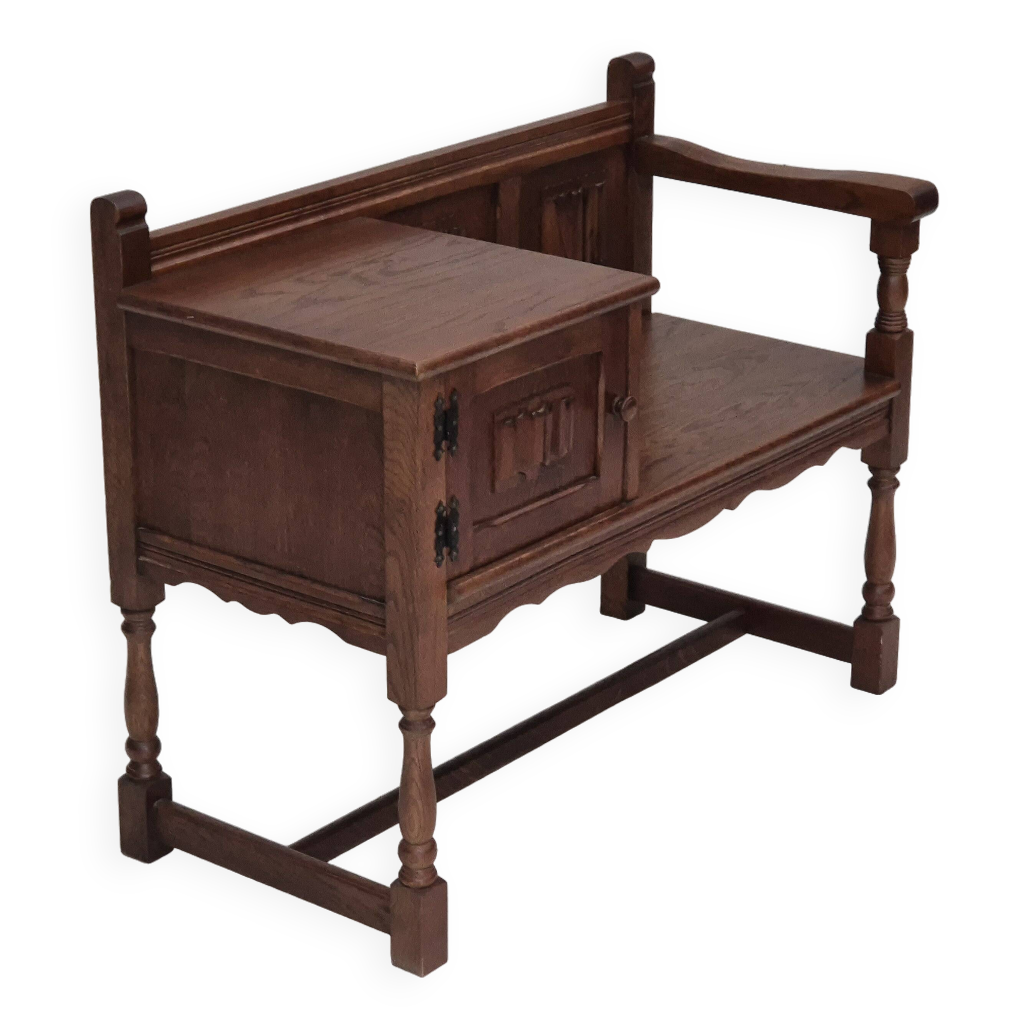 1960s, Danish bench, dark solid oak wood, plywood.