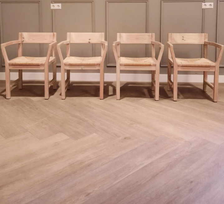 Set of 4 pine chairs with Tage Poulsen paper rope seat for Gramrode 1970