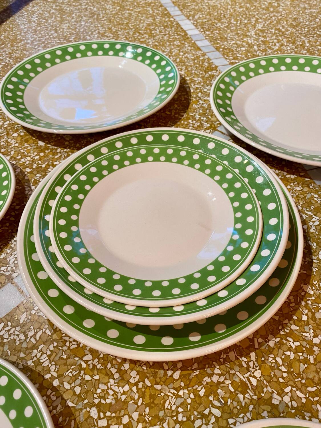 Set of 12 antique polka dot plates for 4 people