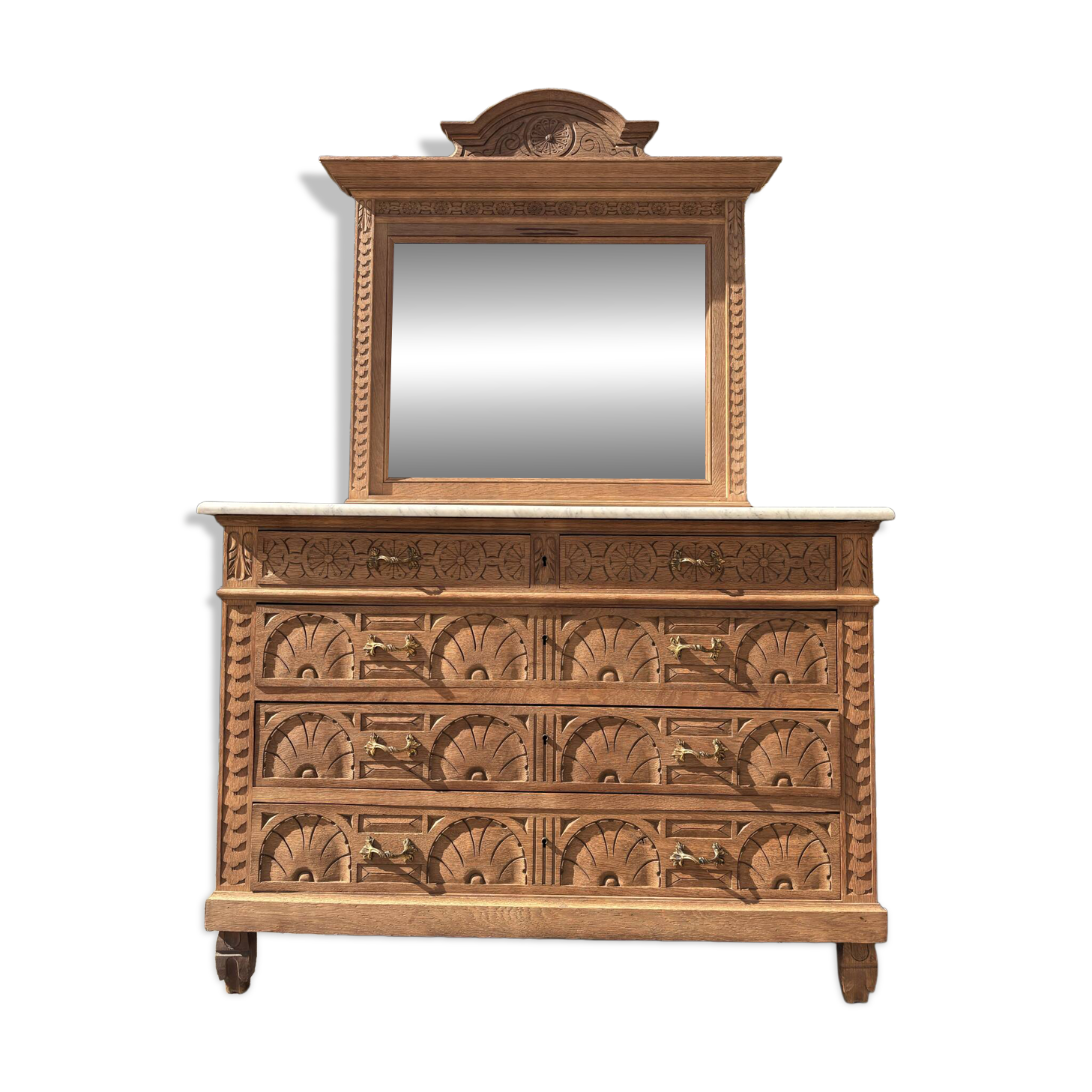 Solid oak chest of drawers with a marble top and original mirror.