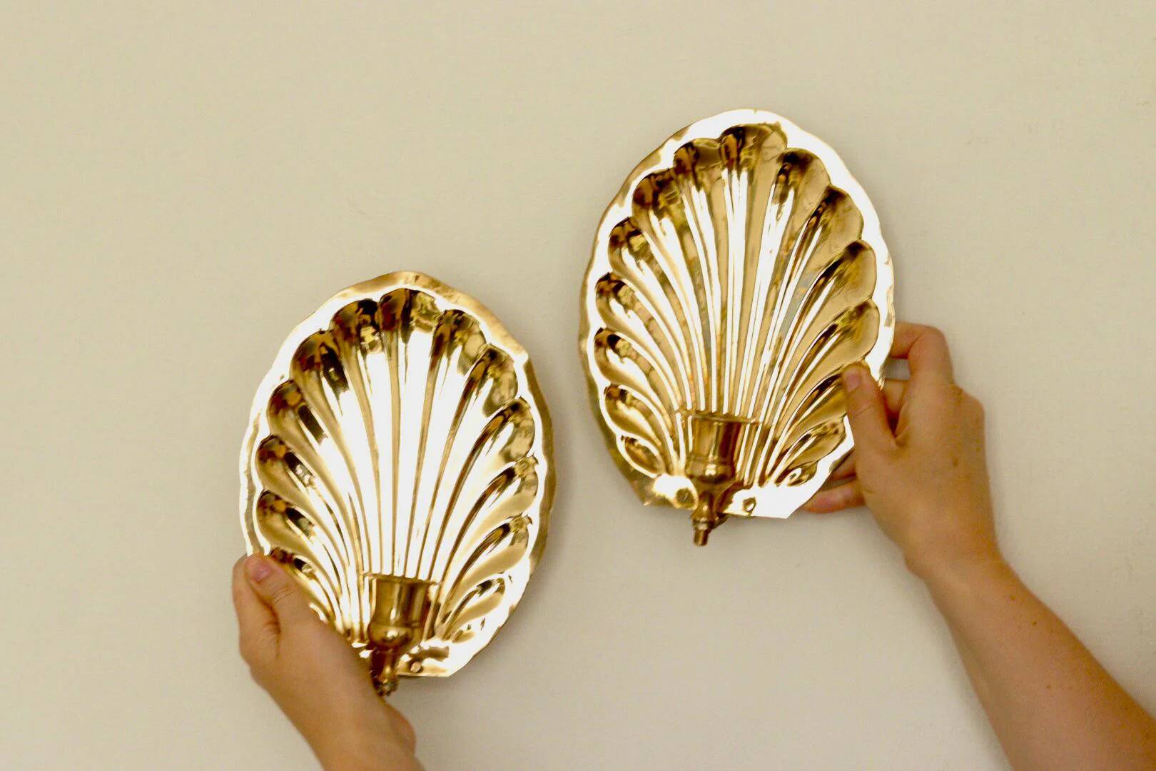 Pair of vintage brass shell scallop sconces