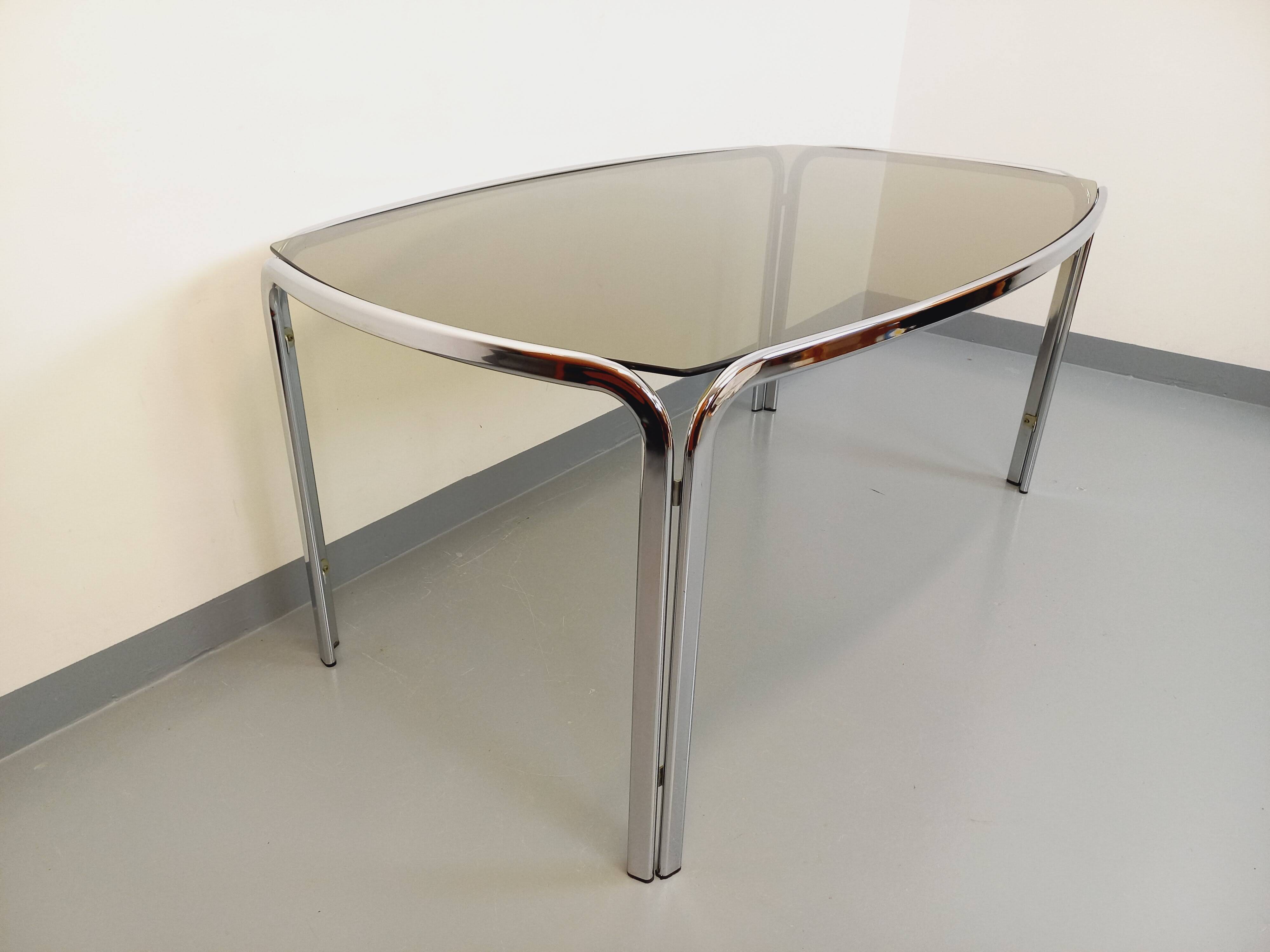 Vintage curved rectangular dining table in smoked glass and chrome metal