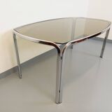 Vintage curved rectangular dining table in smoked glass and chrome metal
