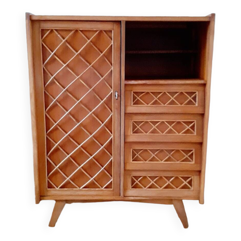 Half wardrobe half chest of drawers wood and rattan