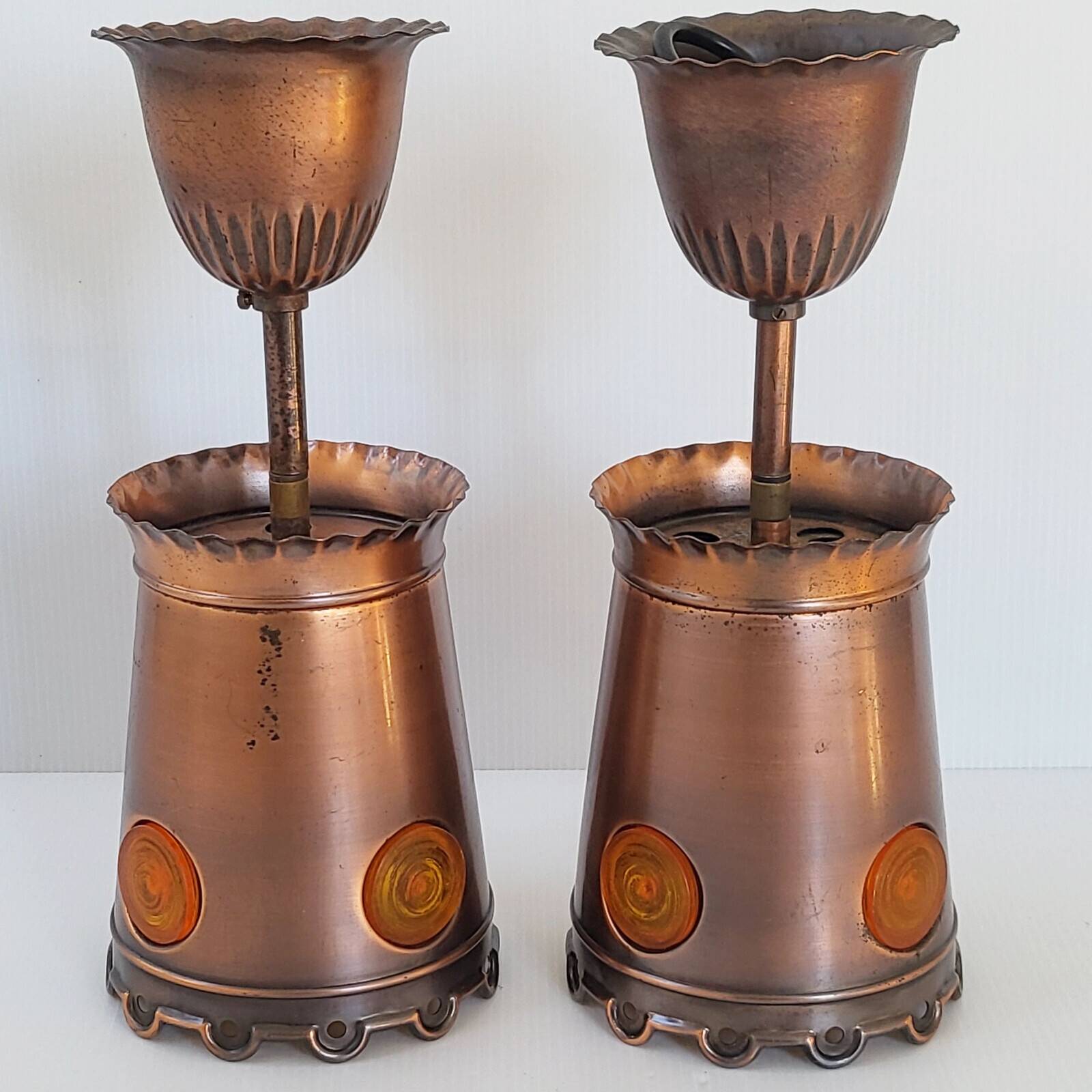 Pair of vintage 1970s brutalist suspensions in copper & orange plastic