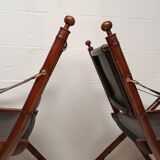 Pair of vintage "safari" folding armchairs in mahogany and leather