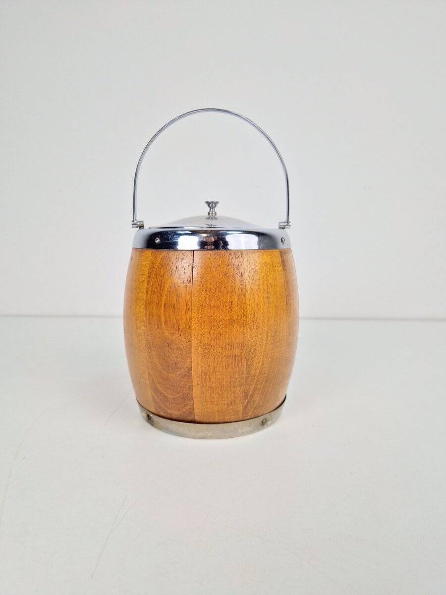 Vintage Wooden Barrel Ice Bucket with Ceramic Interior, 1960s