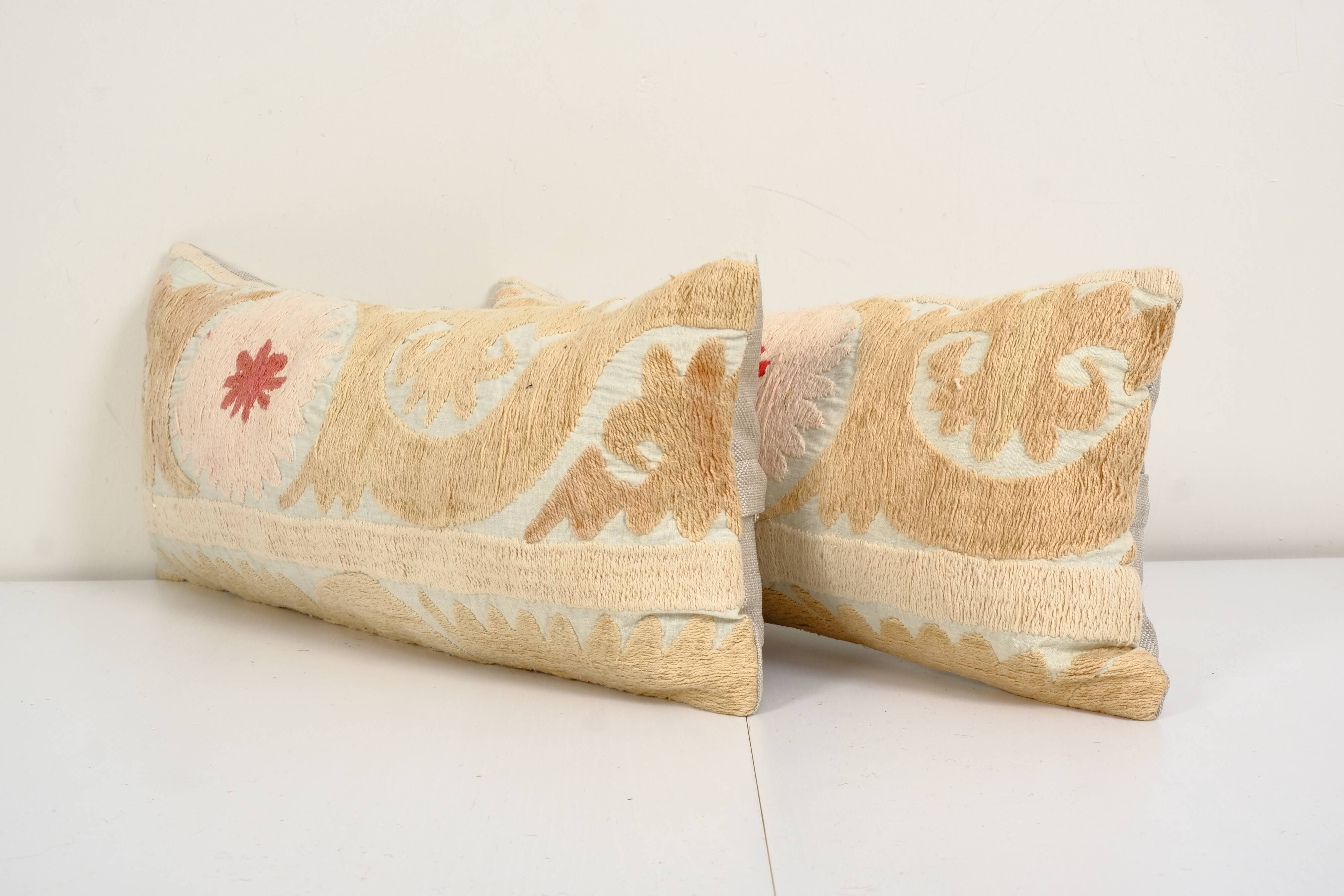 8" x 20" set of two uzbek faded yellow suzani cushion cover, pair suzani pillow case made from