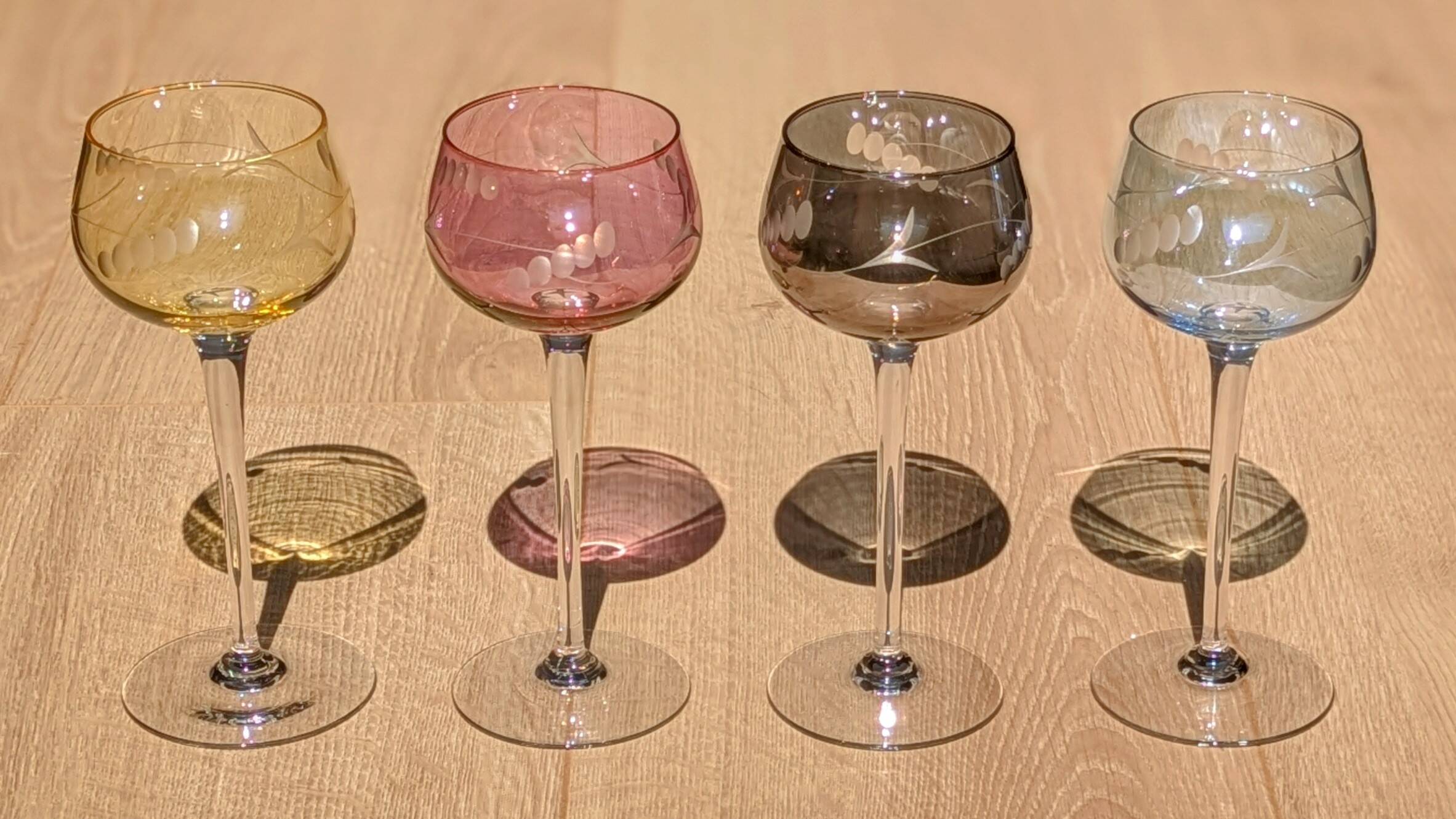Set of 4 Hand Engraved "Harlequin" Colored Crystal Wine Glasses 1960