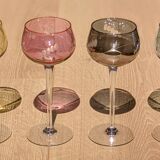 Set of 4 Hand Engraved "Harlequin" Colored Crystal Wine Glasses 1960