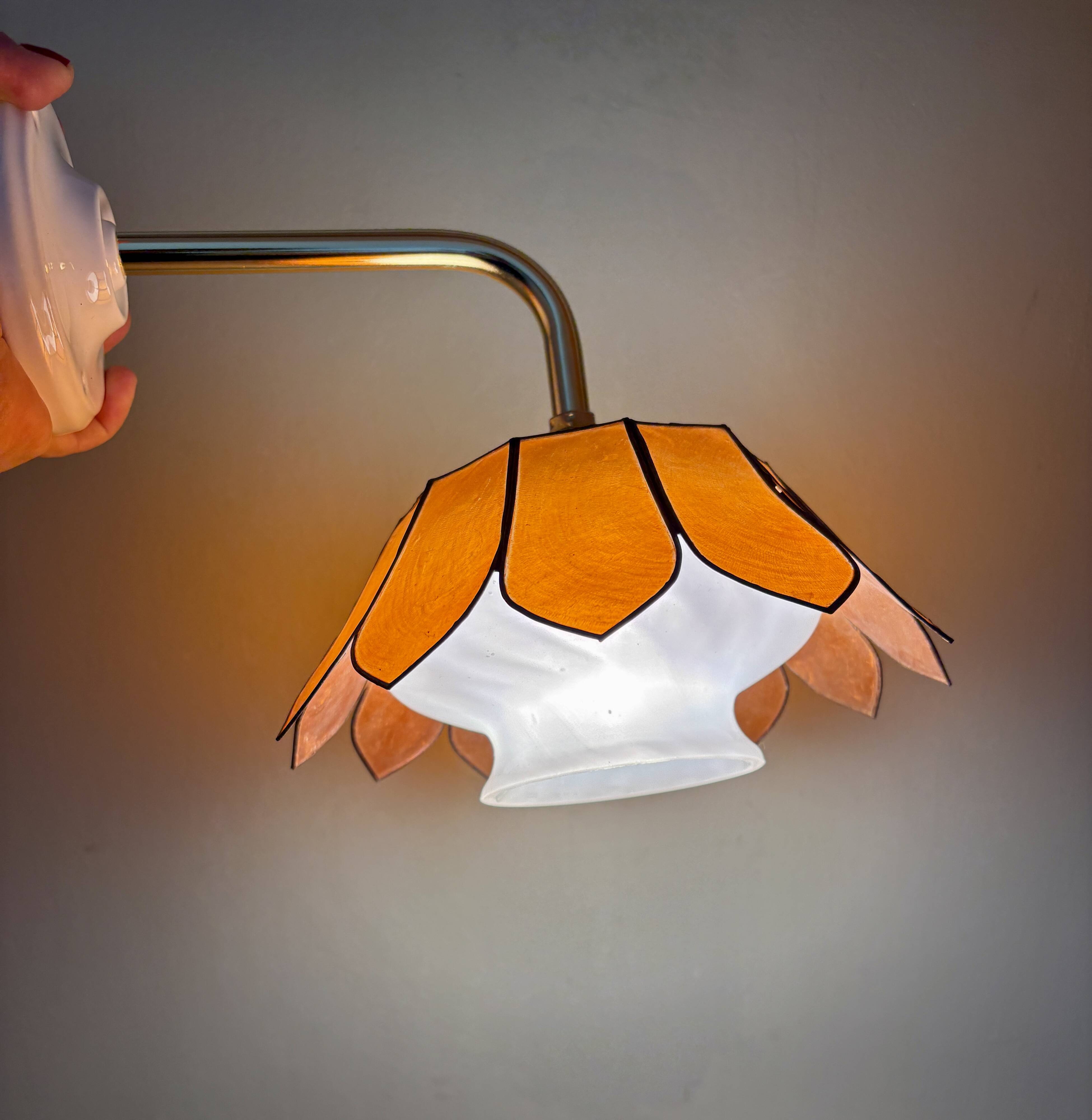 Vintage angled wall lamp with mother-of-pearl lampshade and vintage tulip in white glass