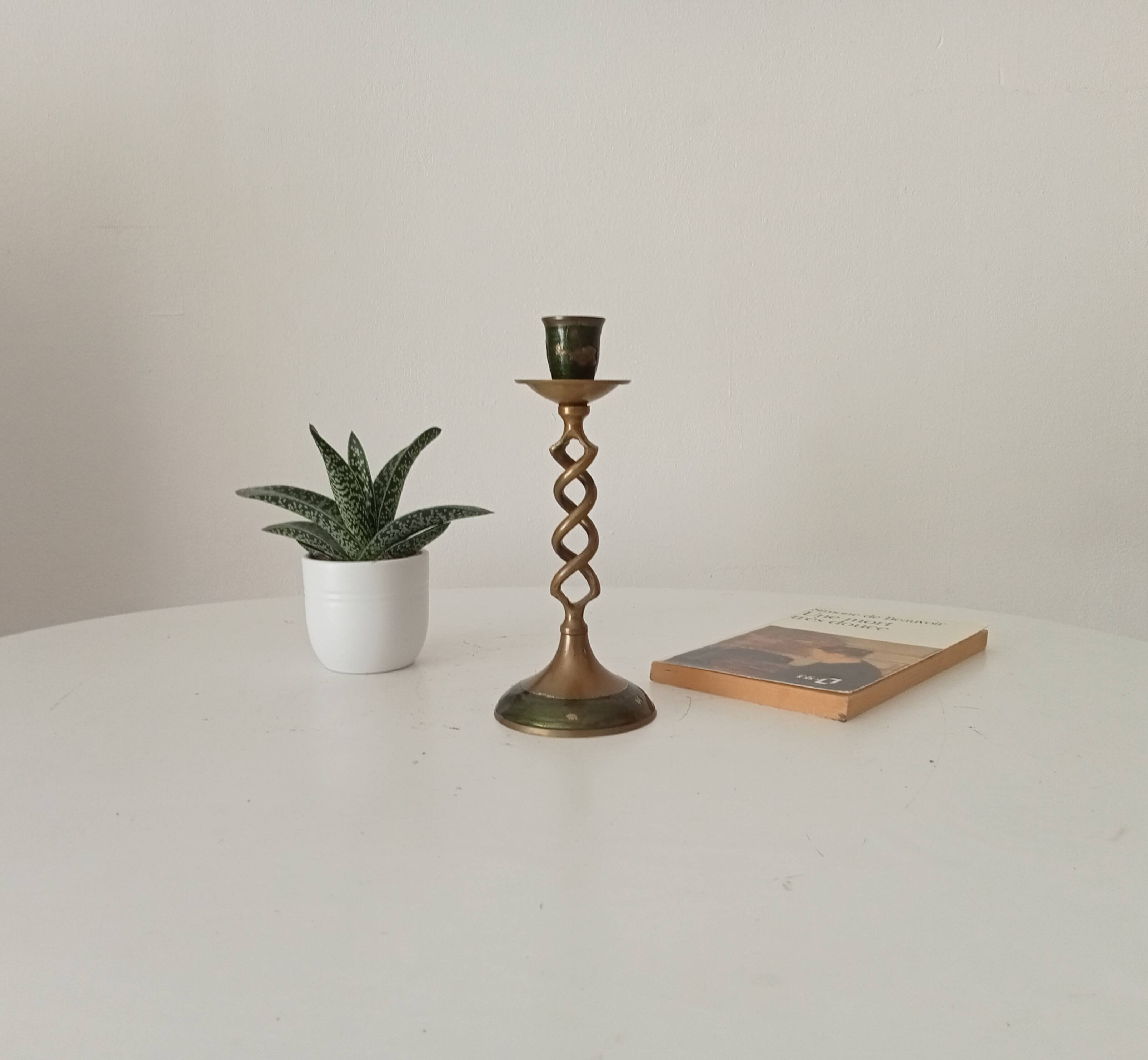 Twisted vintage candlestick in enamelled solid brass