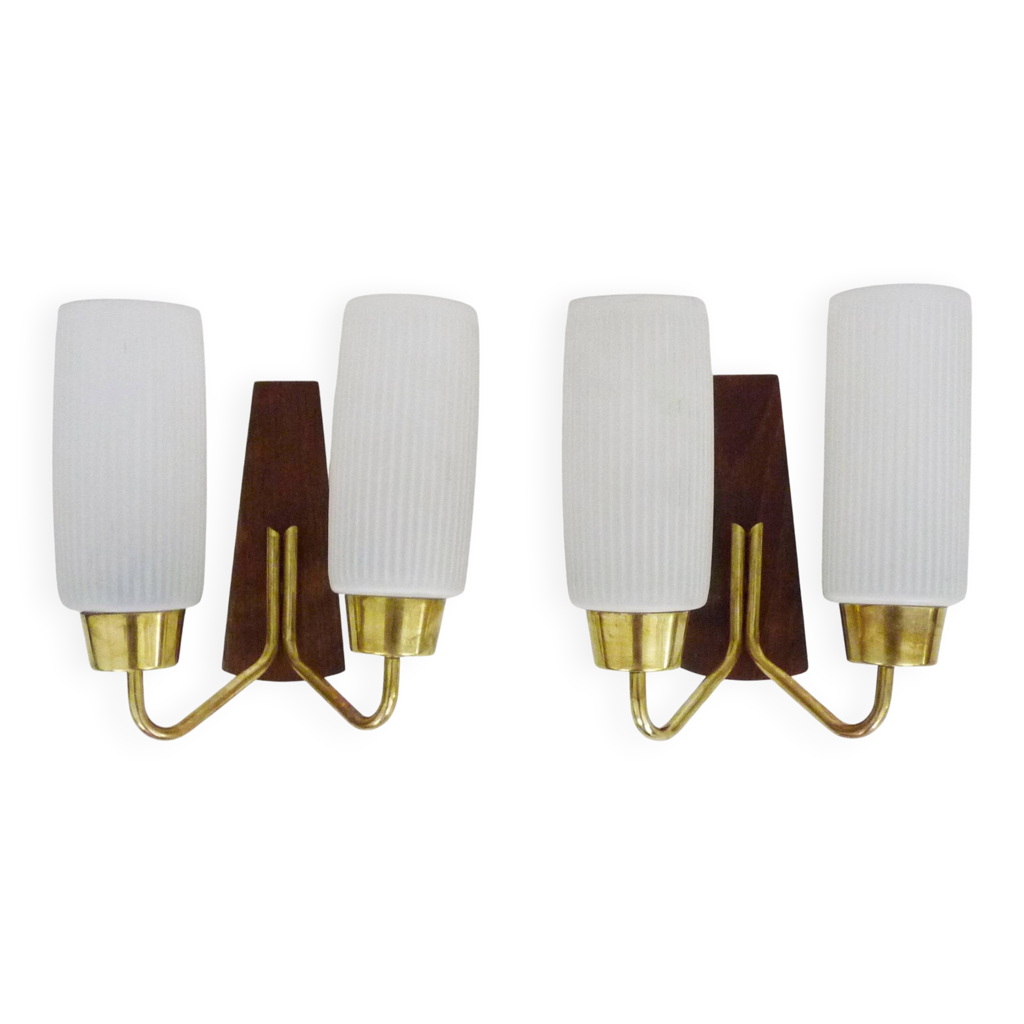 Pair of Scandinavian wall sconces in teak, brass and opaline glass globe