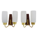 Pair of Scandinavian wall sconces in teak, brass and opaline glass globe