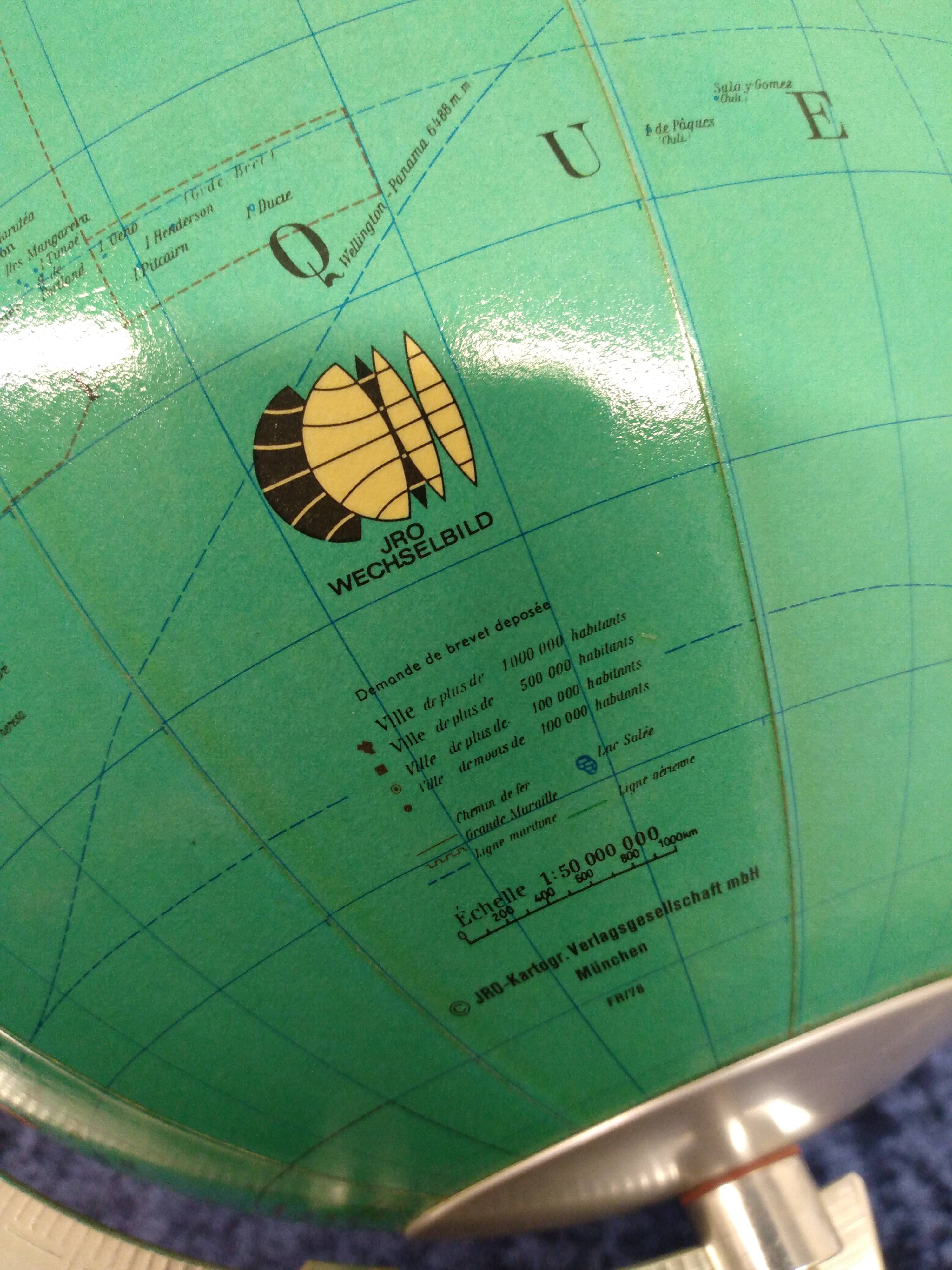 Globe terrestre lumineux vintage JRO Wechselbid, France
