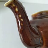 Vintage brown glazed earthenware teapot, mid-century sculptural decor.