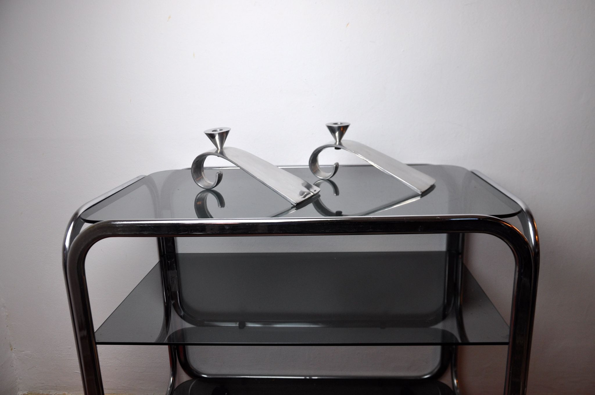 Pair of comma candlesticks by matthew hilton, England, 1980