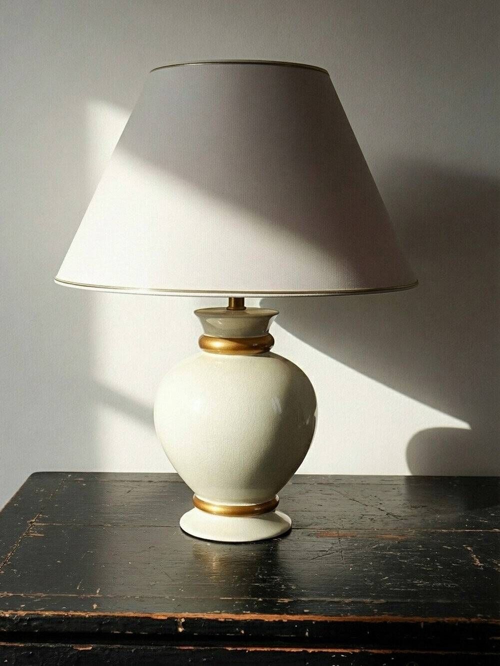 Vintage cracked cream white faience lamp Le Dauphin 1960s-70s Panama