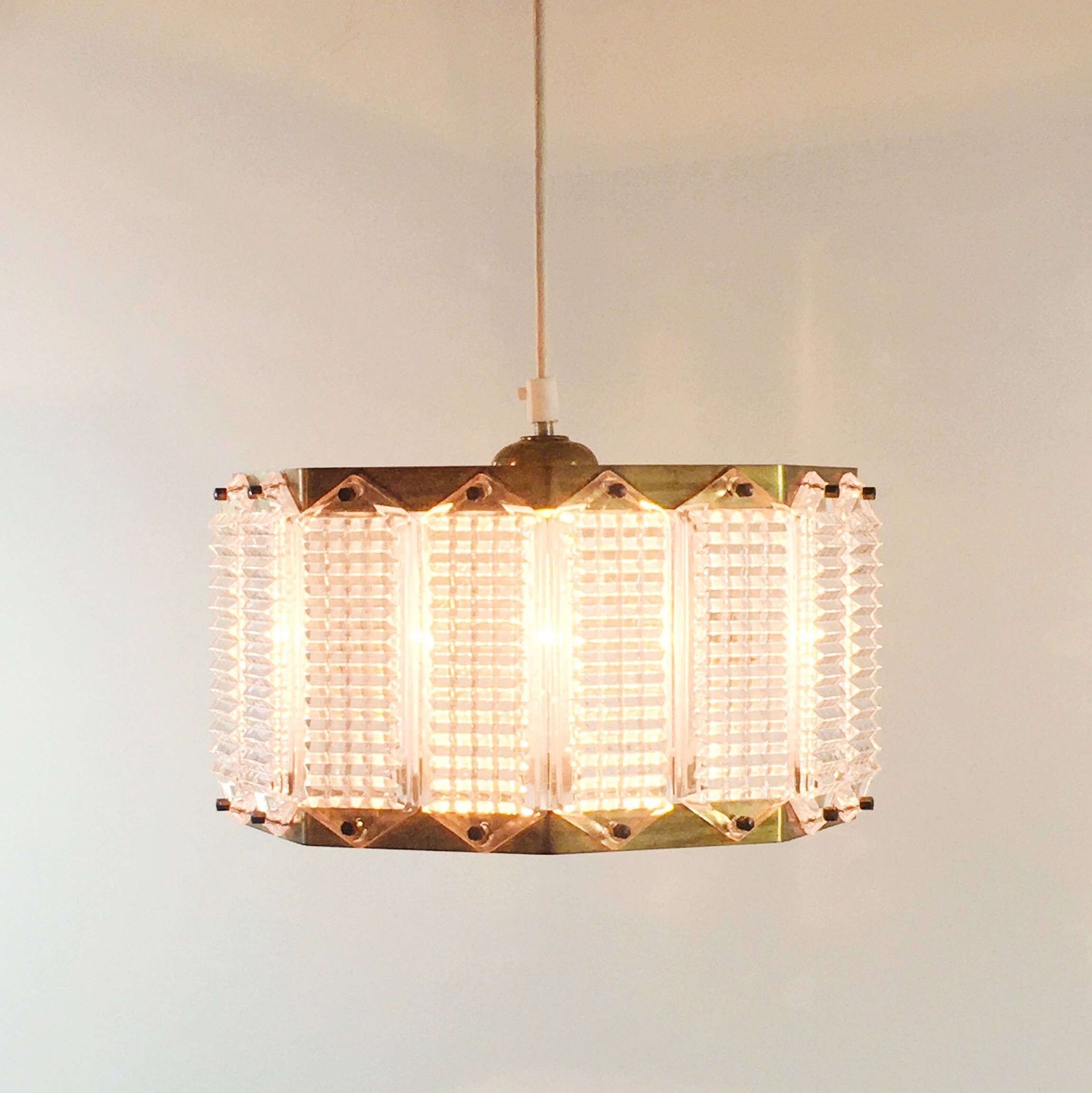 Mid-Century Scandinavian Glass & Brass Ceiling Light by Wiktor Berndt for Flygsfors, Sweden, 1960s