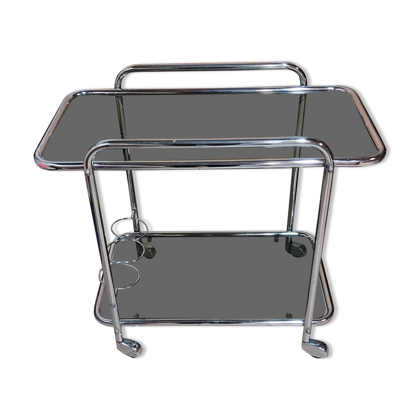 Dessert bar with chromed metal and smoked glass wheels, 70s