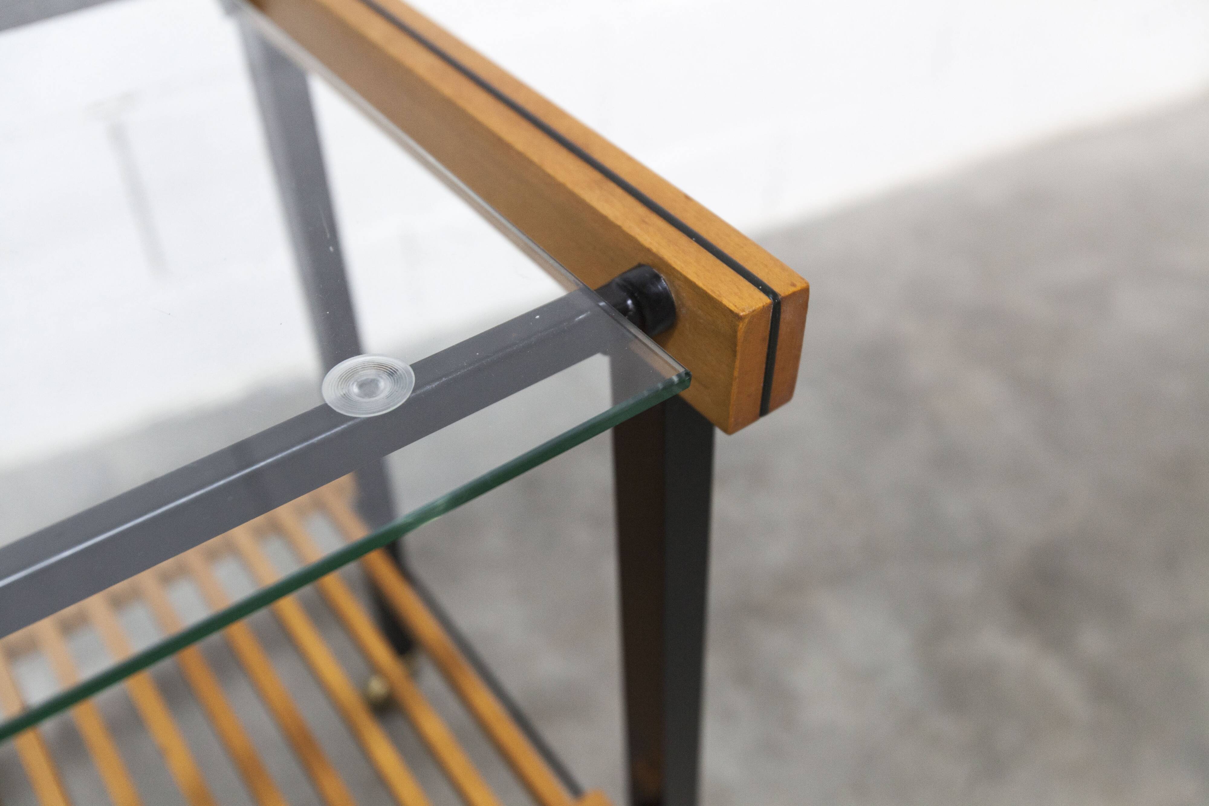 1960s serving cart, hi-fi cabinet on casters, teak, black metal, glass