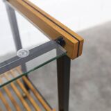 1960s serving cart, hi-fi cabinet on casters, teak, black metal, glass