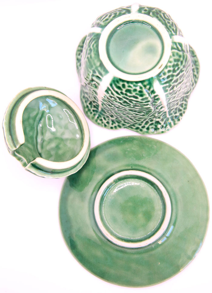 Mustard or sugar bowl from Portugal in green slurry like cabbage leaves