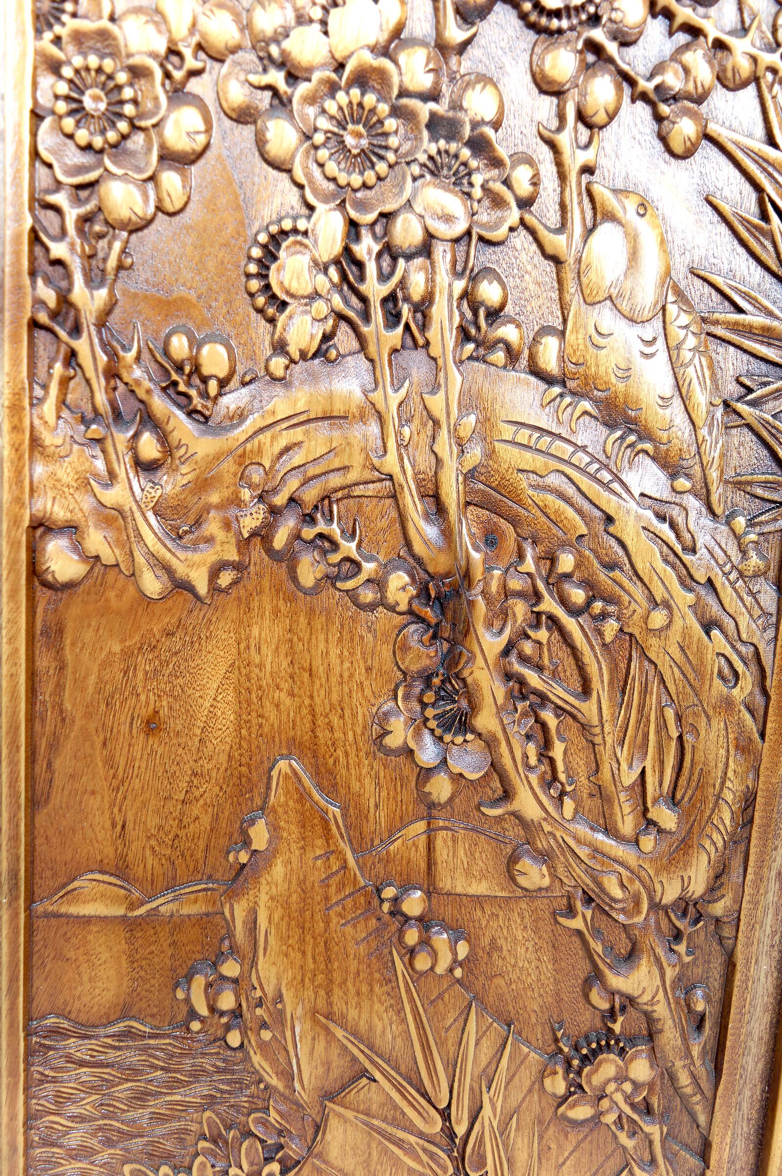 3 carved wooden panels, floral and animal decorations, Indochina