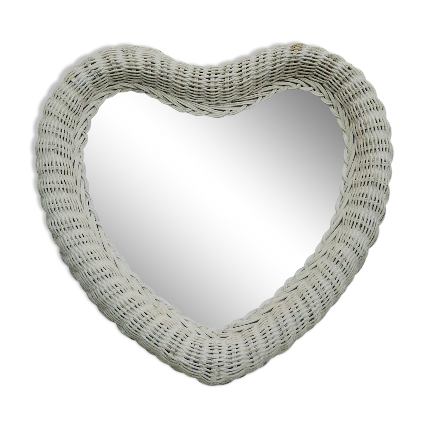 Vintage white rattan heart mirror 60-70, 47cm