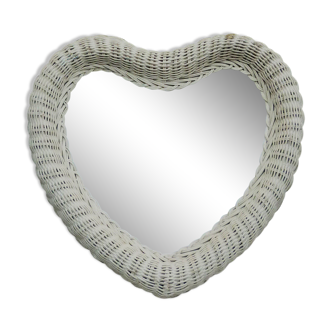 Vintage white rattan heart mirror 60-70, 47cm