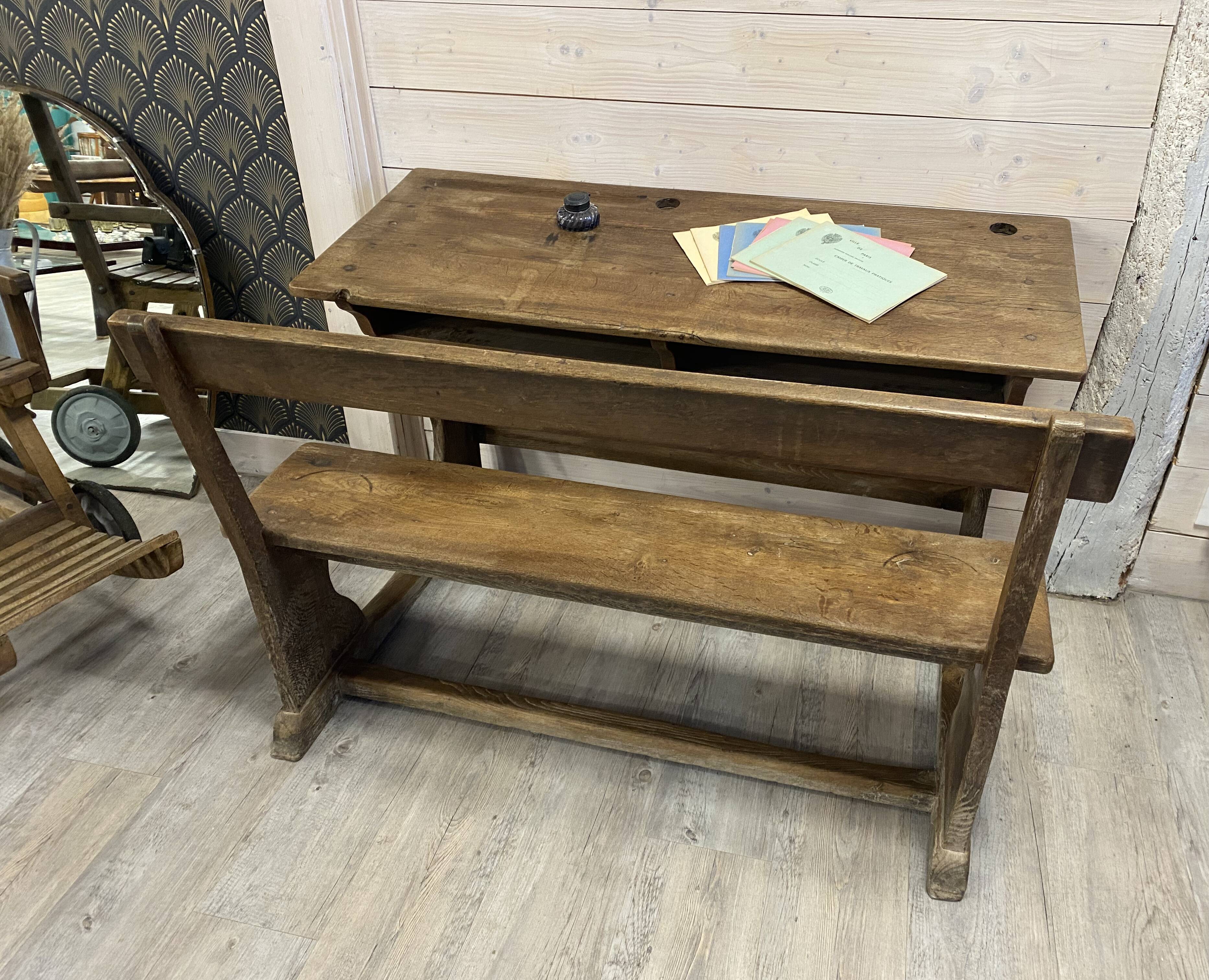Double wooden school desk, 19th century