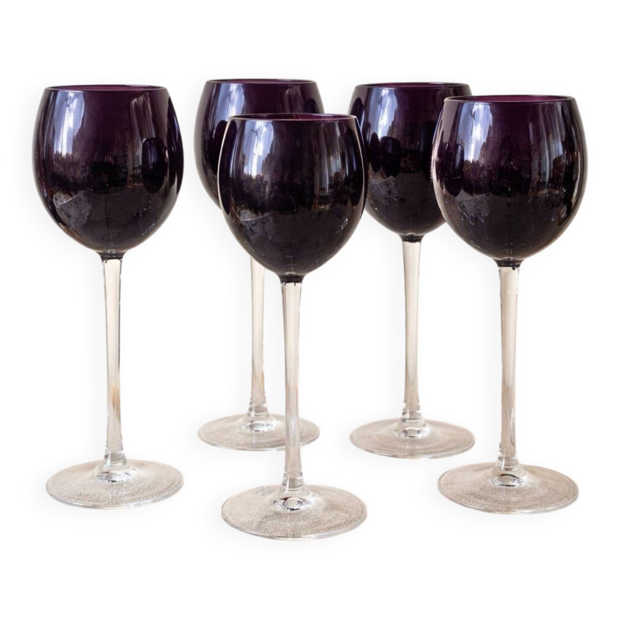 Footed glasses in blown purple bubble glass, Murano style.