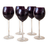 Footed glasses in blown purple bubble glass, Murano style.