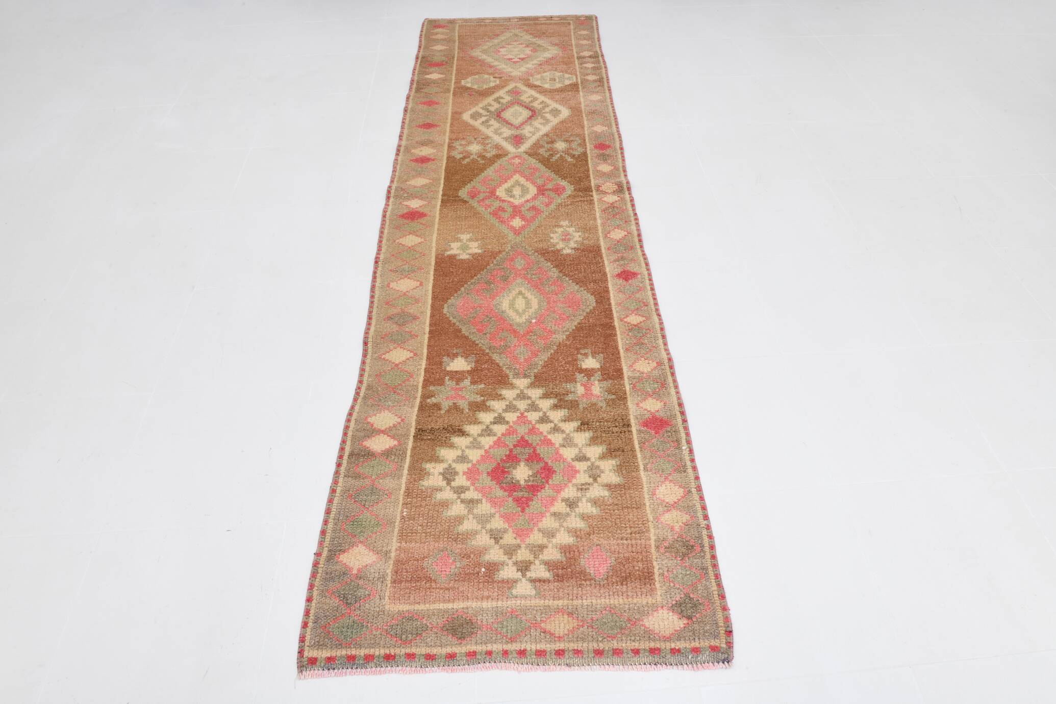 Taupe & Dusty Pink Vintage Carpet For Hallway, 83x308 Cm