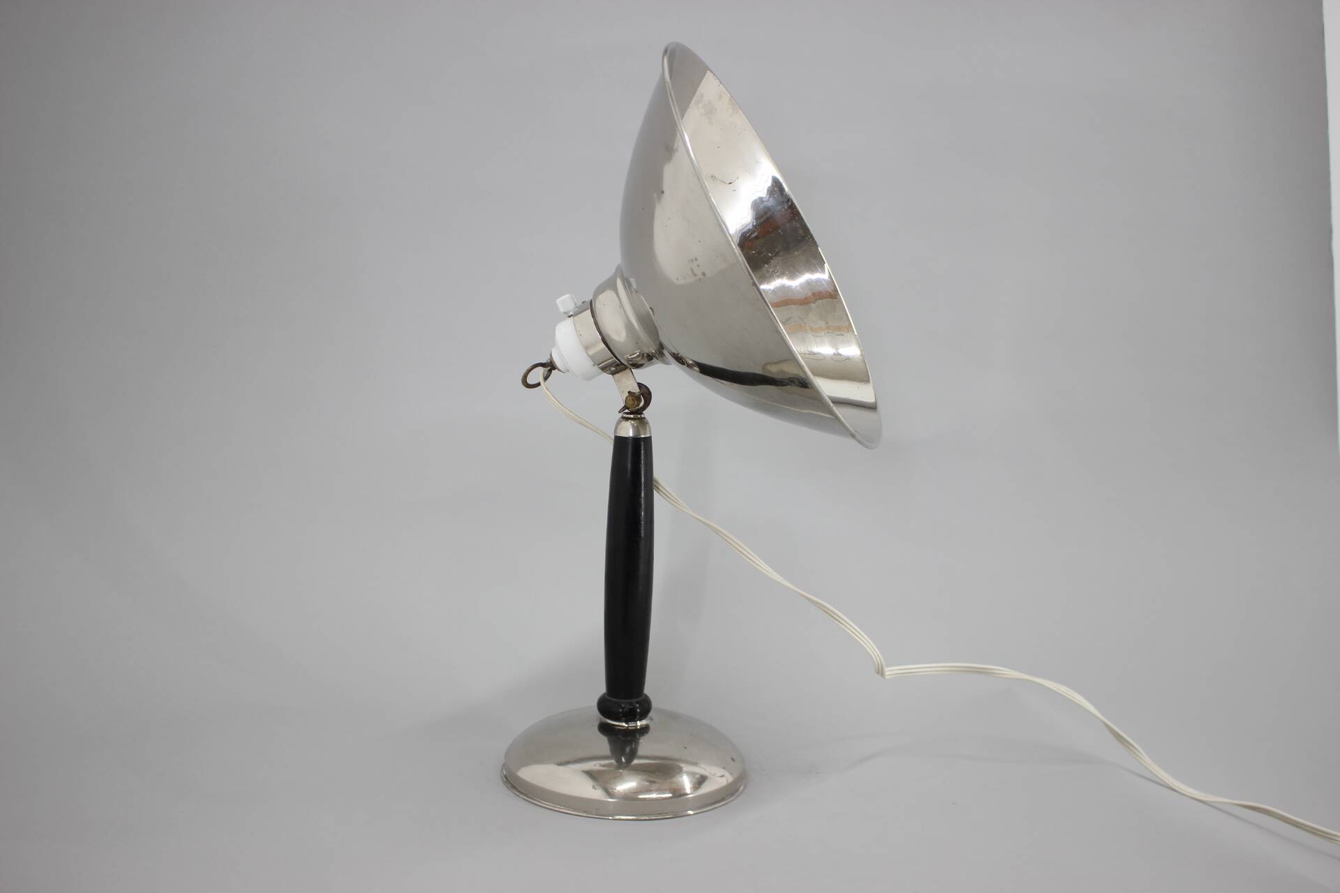 1950s Industrial Chrome & Wood Table Lamp with Ceramic Switch, Czechoslovakia