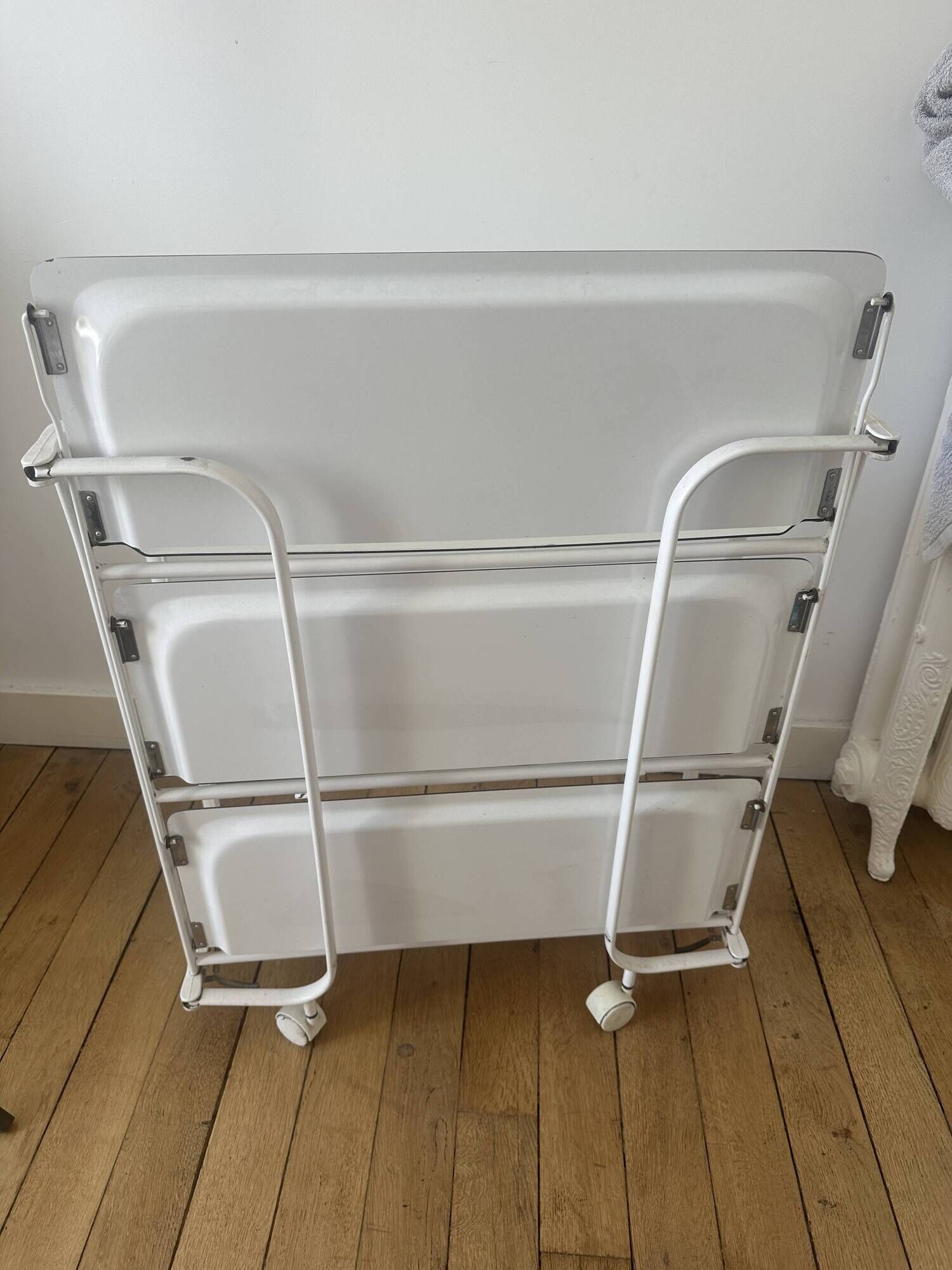 Vintage folding dessert trolley on wheels, 3 white shelves