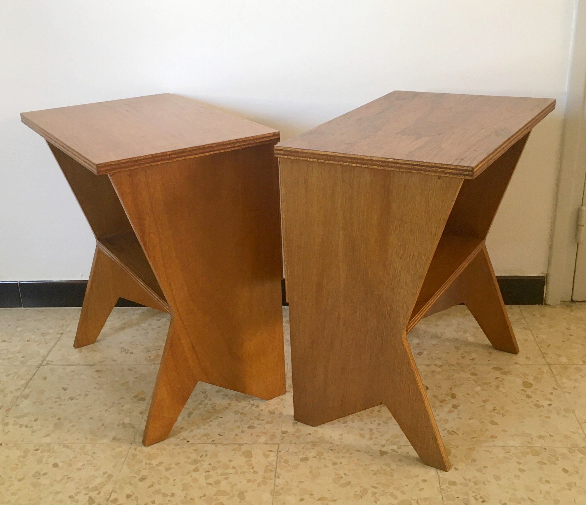 2 vintage bedside tables compass feet 50s