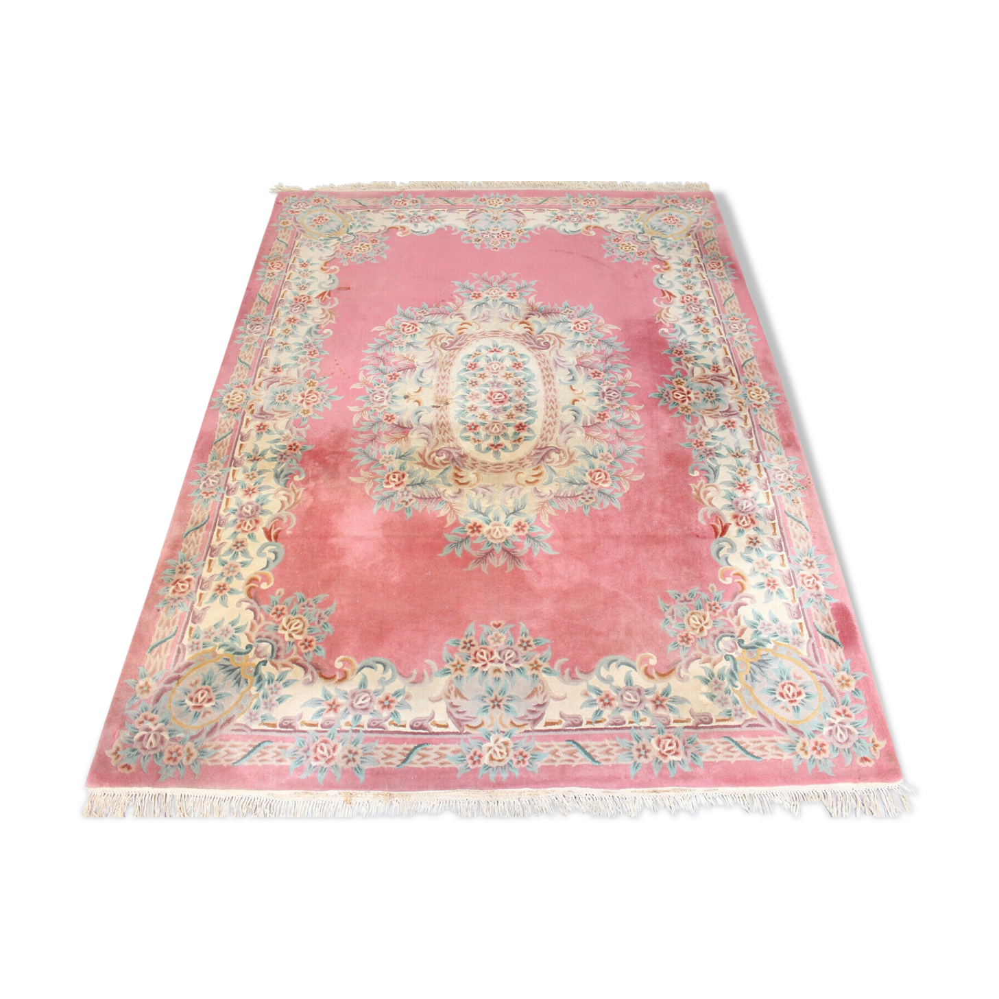 Chinese fringed wool rug with floral pattern on pink background 388x275cm