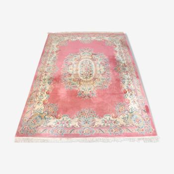 Chinese fringed wool rug with floral pattern on pink background 388x275cm