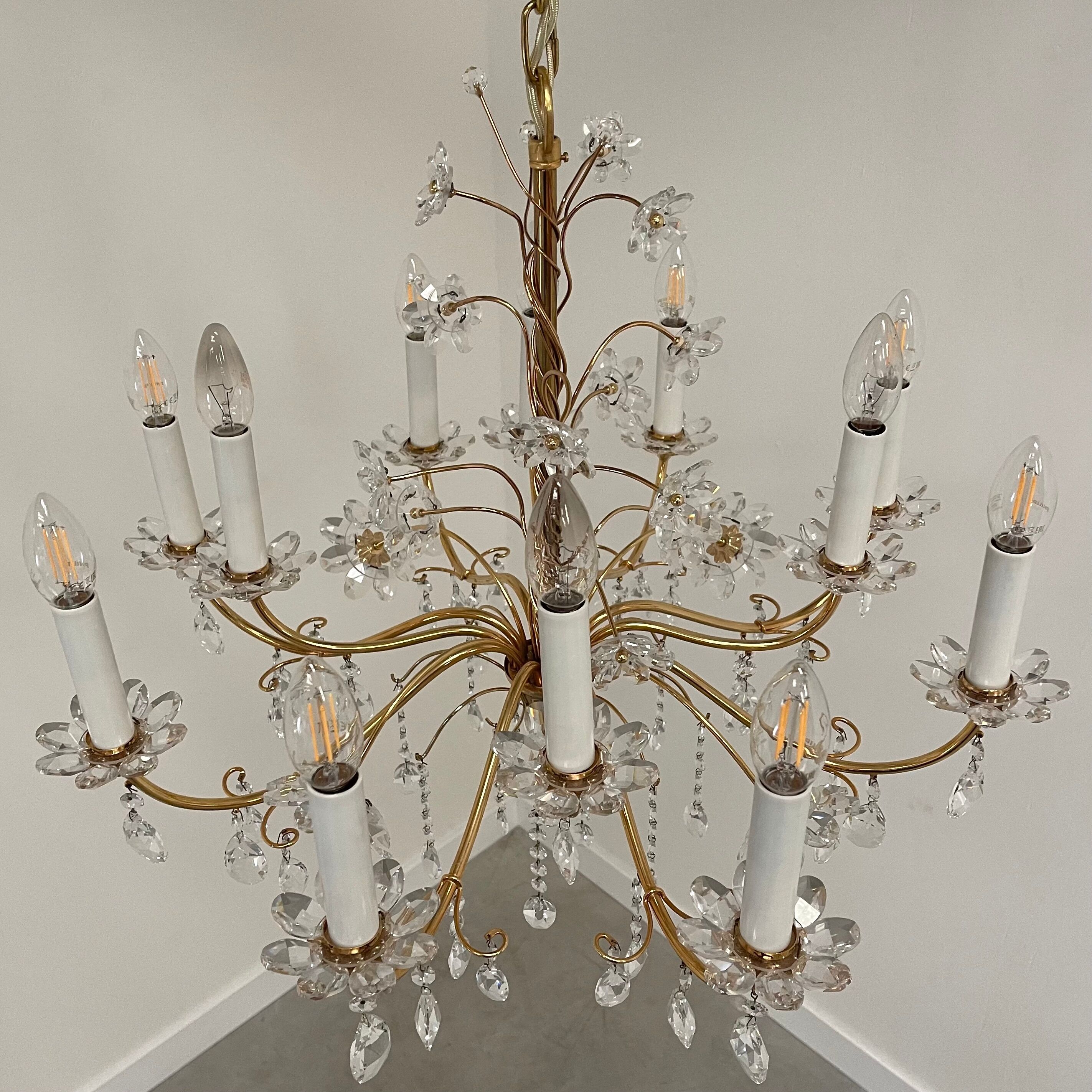 Vintage crystal brass chandelier by Palme & Walter, 1970s