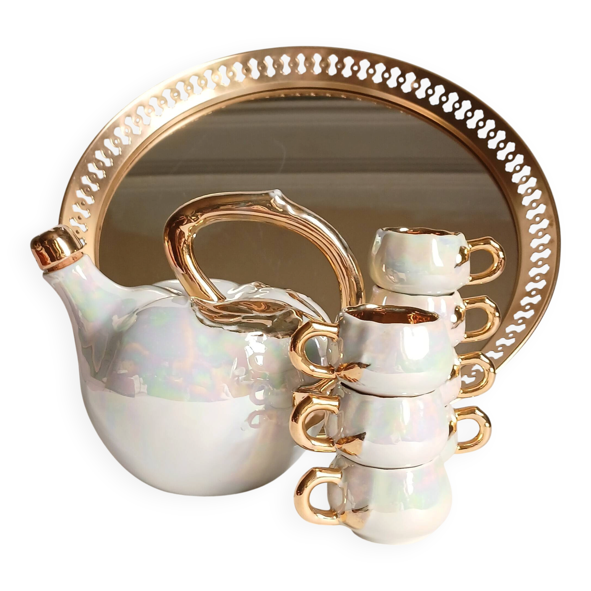 Fruit-shaped liqueur service in porcelain or tea set with its mirror tray.