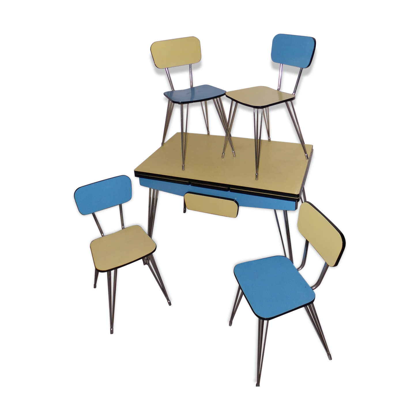 Table et 4 chaises en formica avec pieds eiffels vintage Sif