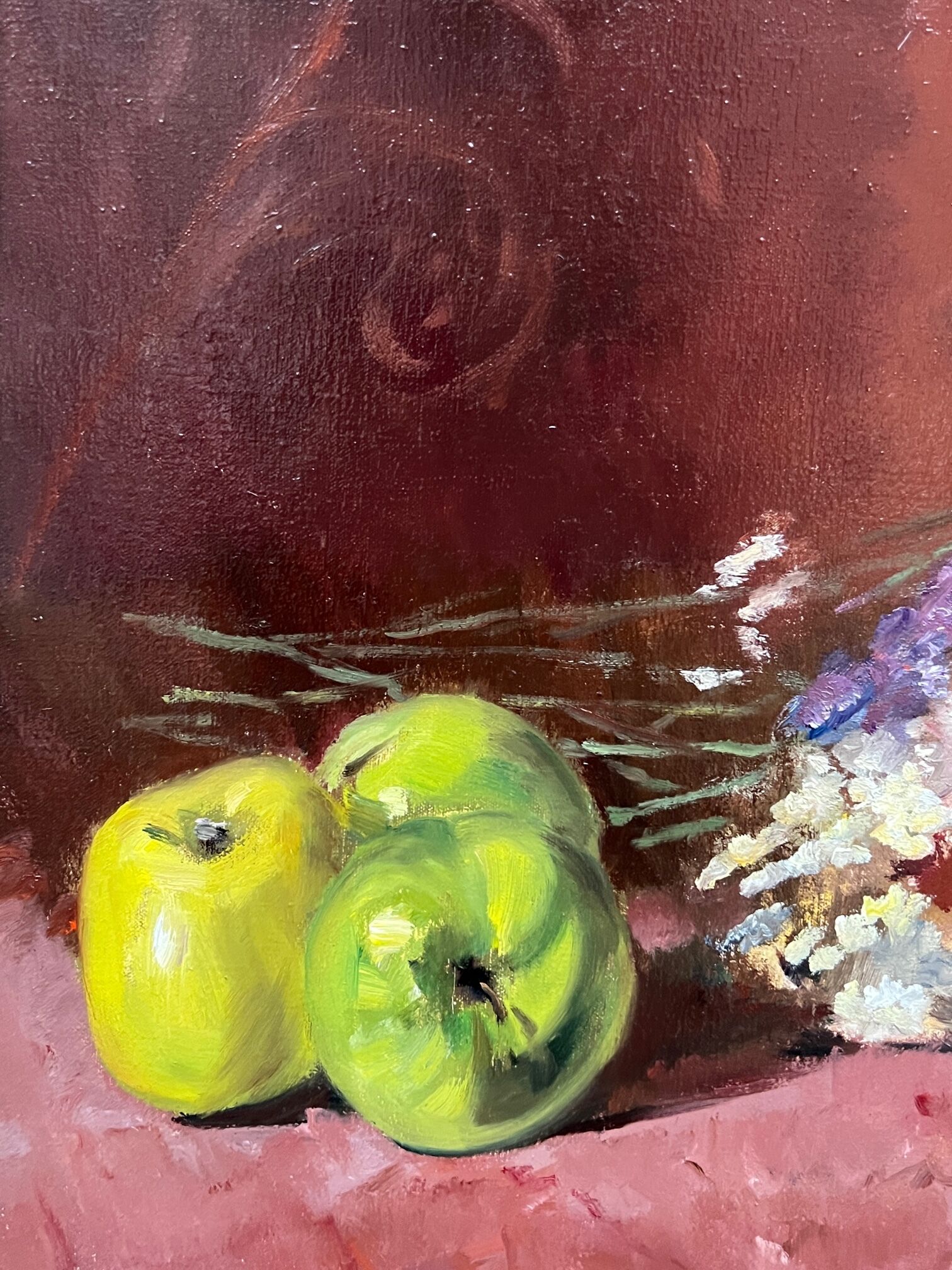 Painting, still life with flowers and fruits.