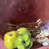 Painting, still life with flowers and fruits.