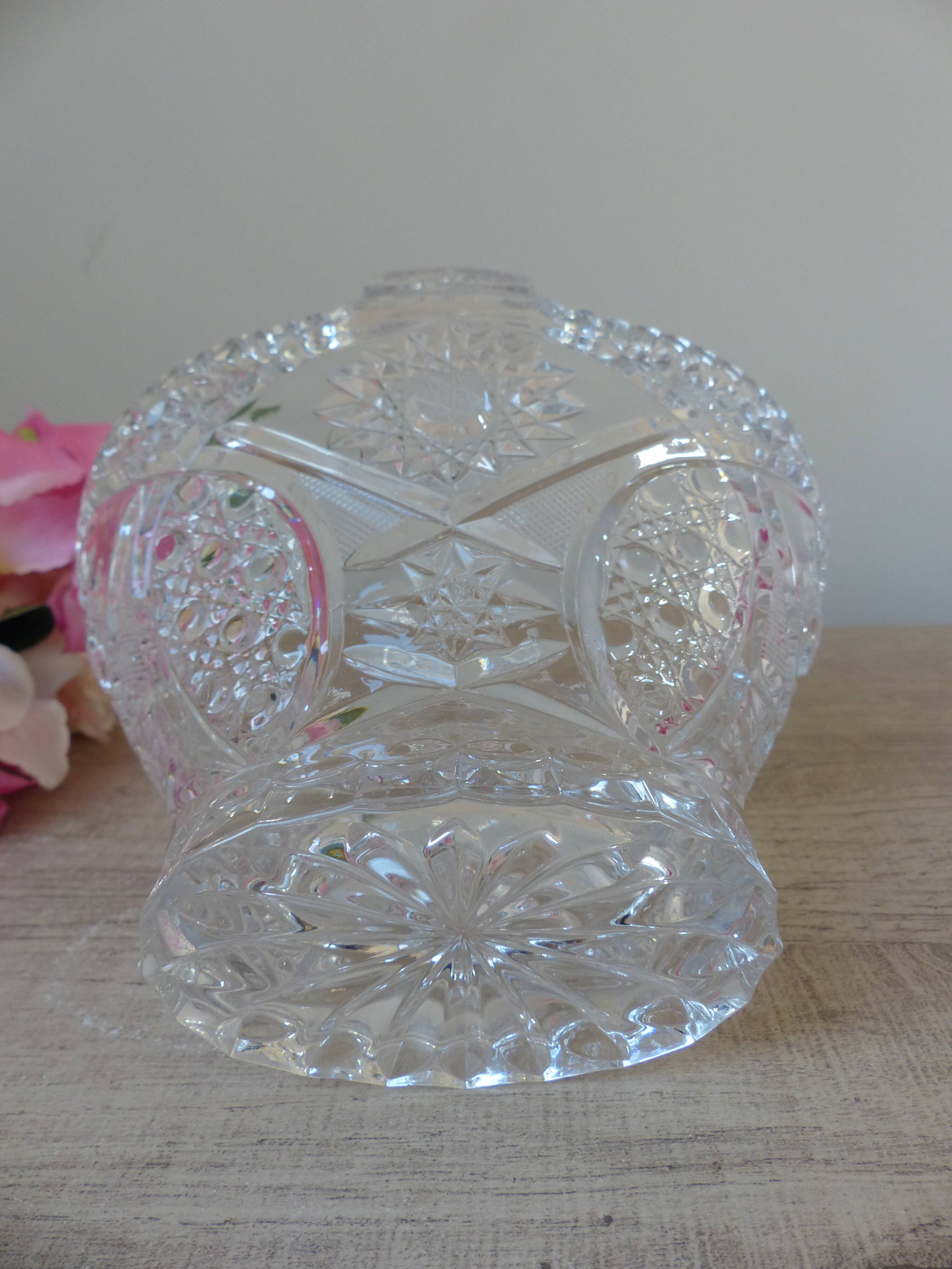 Vintage 1970s crystal basket – oval bowl with handle