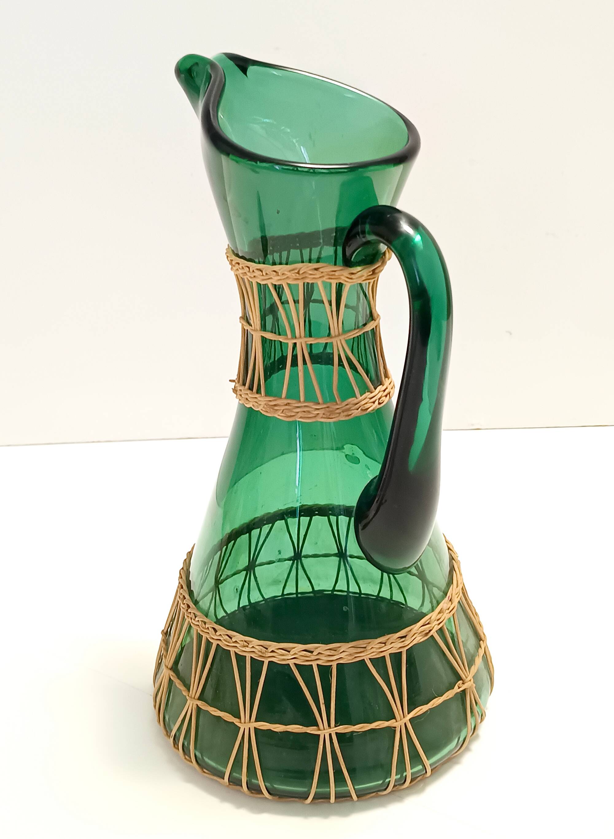 Green Hand Blown Glass and Wicker Jug / Vase, Empoli, Italy