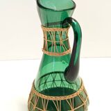 Pichet/vase vert en verre soufflé à la main et osier, Empoli, Italie