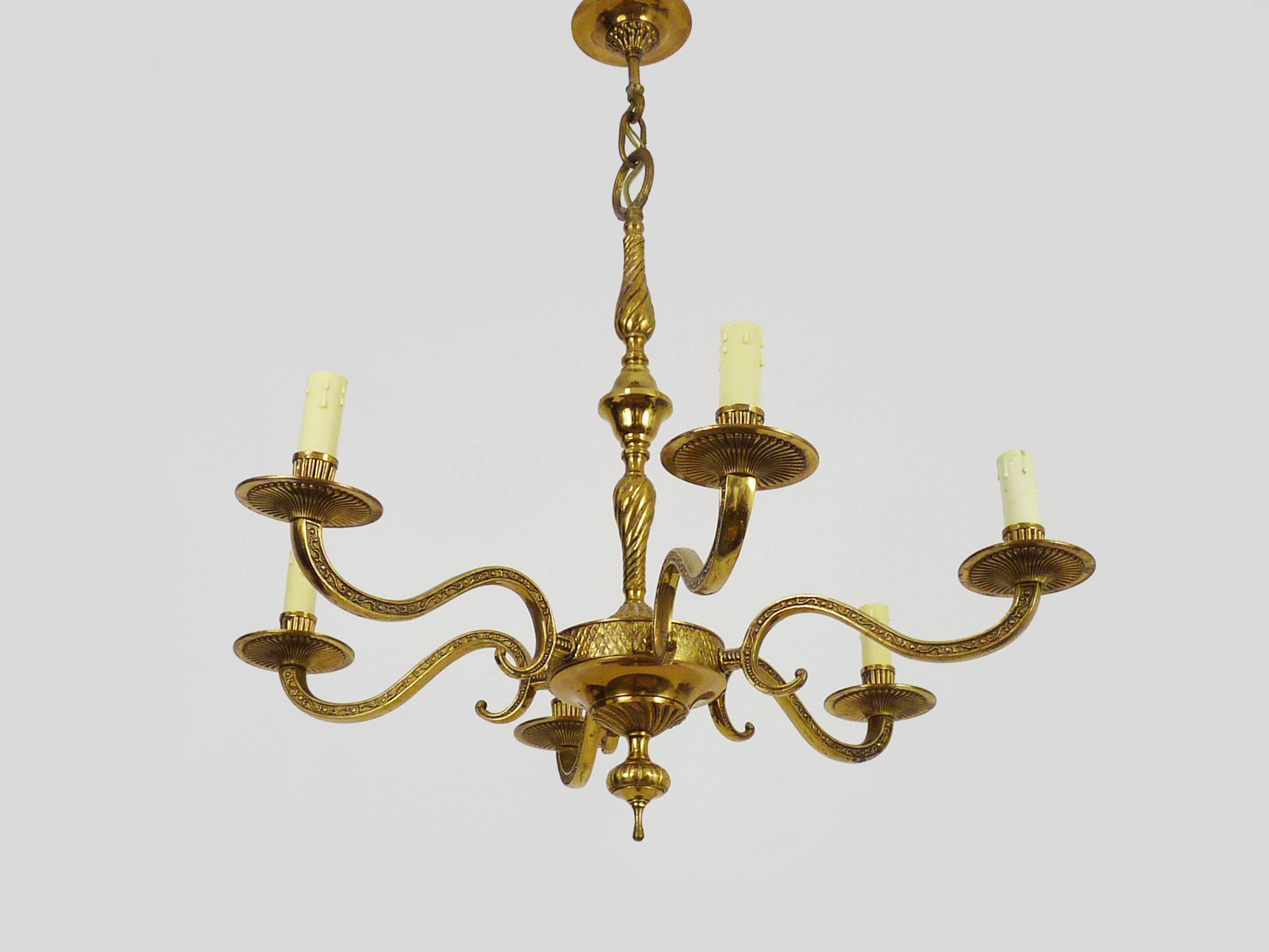 Old chandelier, suspension, light fixture with 6 bronze lights. 70s