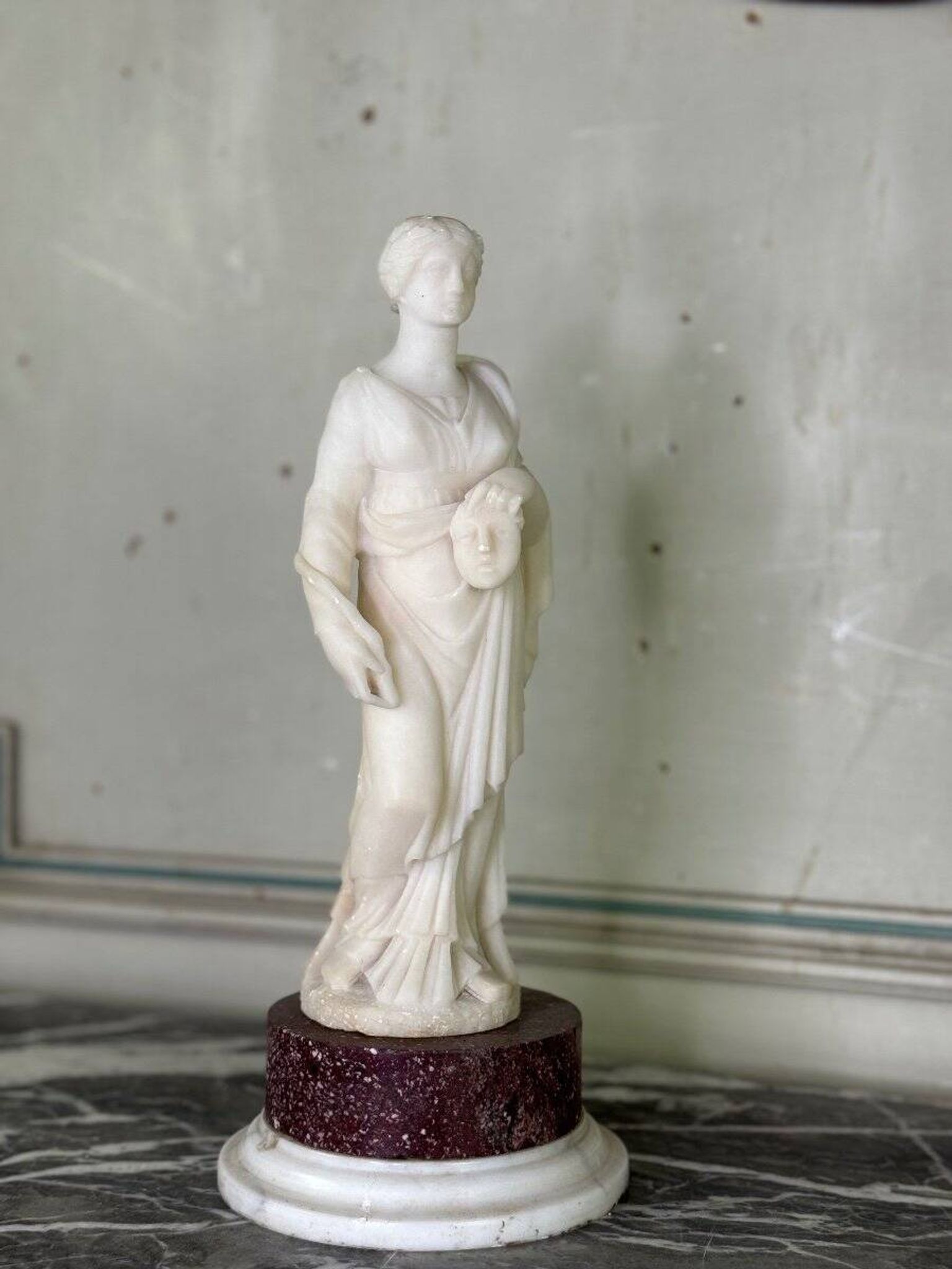 Alabaster sculpture, lady with a mask in the antique style, 19th century