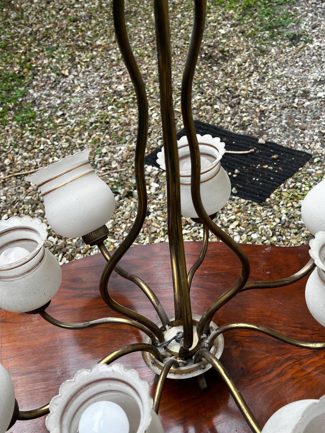 Vintage Lustre Brass and Frosted Glass with White and Gold Large Grains 8 Lights